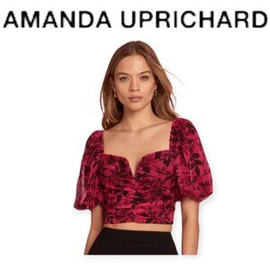 Amanda Uprichard Pink Floral Puff Sleeve Sweetheart Crop Top Soft Glam S